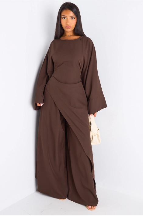 Ensemble deux pièces marron longue blouse asymétrique + pantalon coupe droite