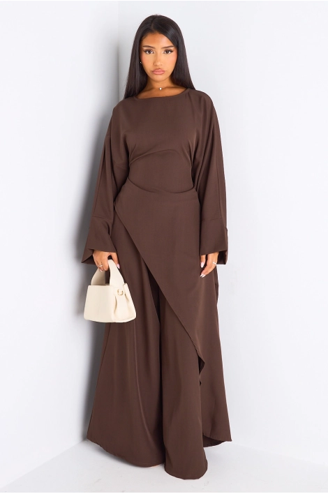 Ensemble deux pièces marron longue blouse asymétrique + pantalon coupe droite