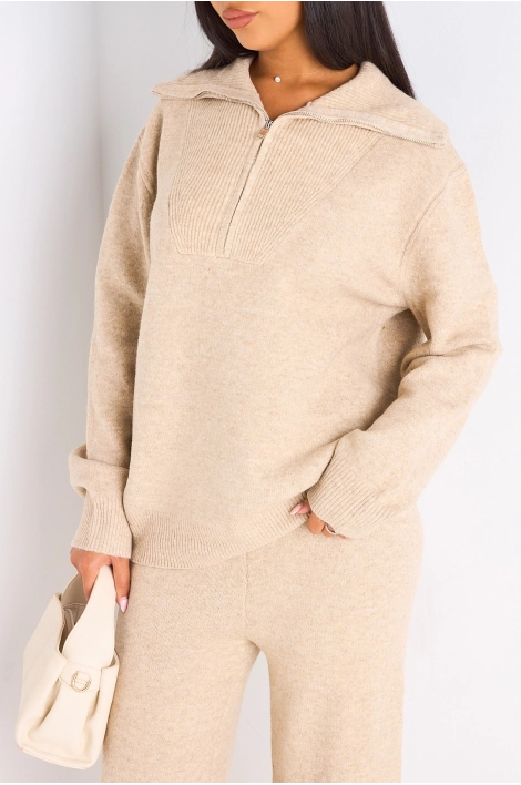 Ensemble deux pièces taupe pull + jogging coupe droite en laine