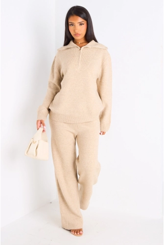 Ensemble deux pièces taupe pull + jogging coupe droite en laine