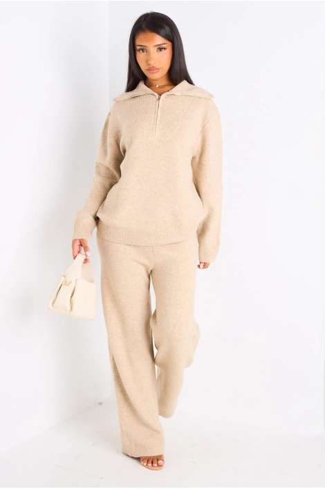 Ensemble deux pièces taupe pull + jogging coupe droite en laine