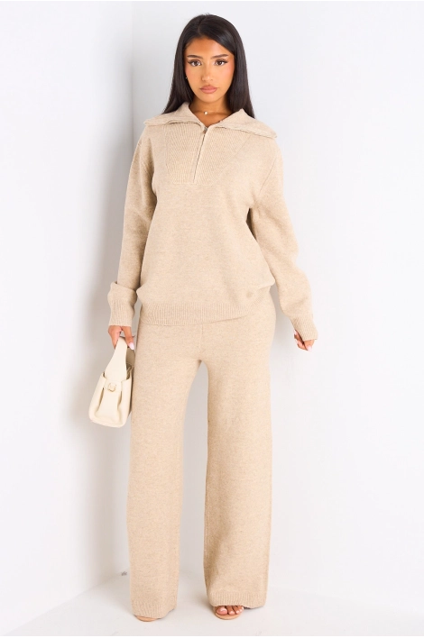 Ensemble deux pièces taupe pull + jogging coupe droite en laine