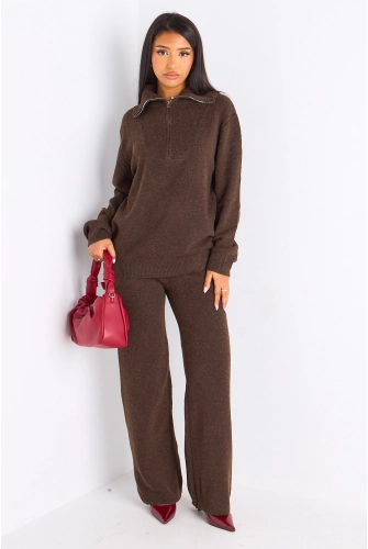 Ensemble deux pièces marron pull + jogging coupe droite en laine