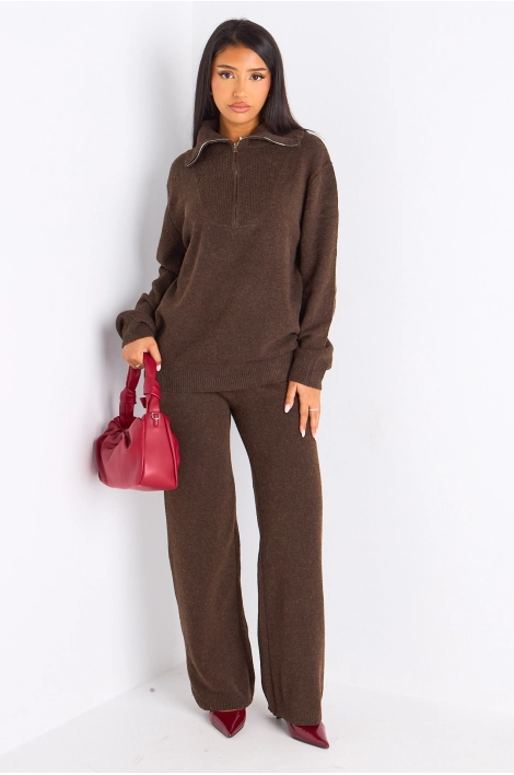 Ensemble deux pièces marron pull + jogging coupe droite en laine