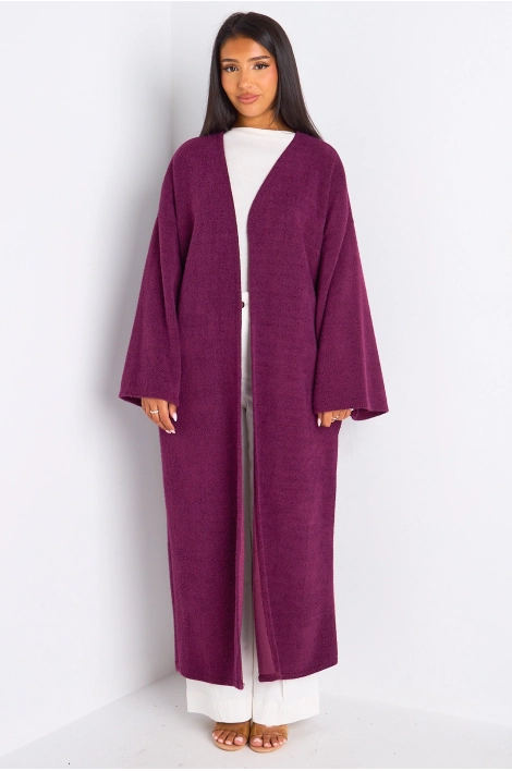 Cardigan prune long à coupe fluide et ouverte