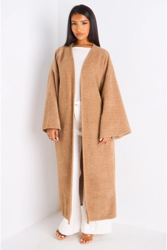 Cardigan taupe long à coupe fluide et ouverte