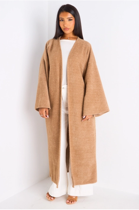 Cardigan taupe long à coupe fluide et ouverte