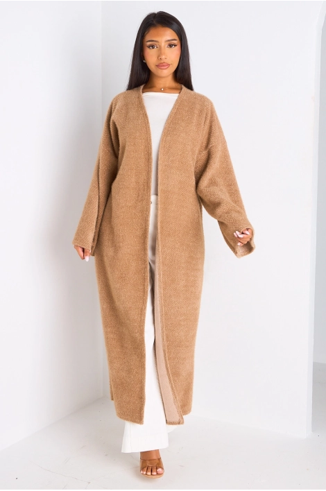 Cardigan taupe long à coupe fluide et ouverte