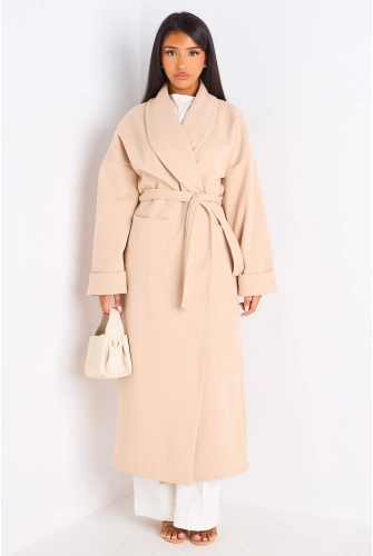 Manteau long ceinturé beige