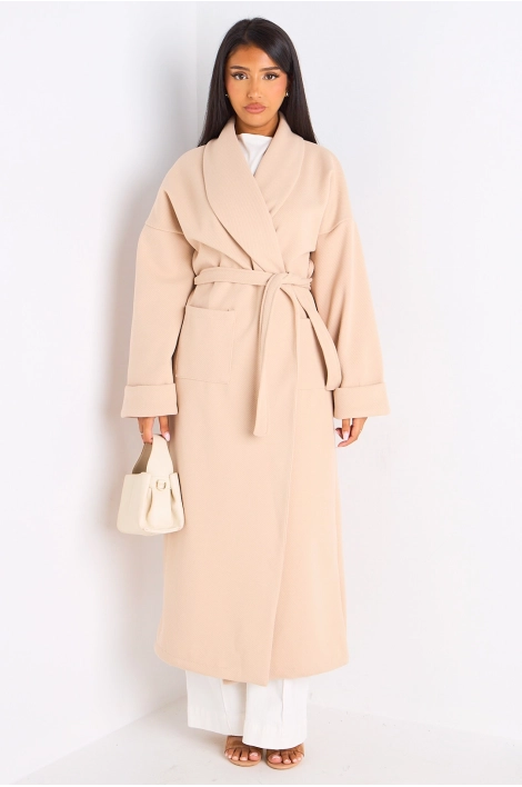 Manteau long ceinturé beige