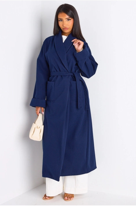 Manteau long ceinturé bleu marine