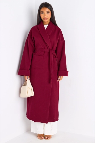 Manteau long ceinturé bordeaux