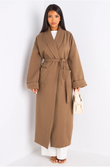 Manteau long ceinturé taupe