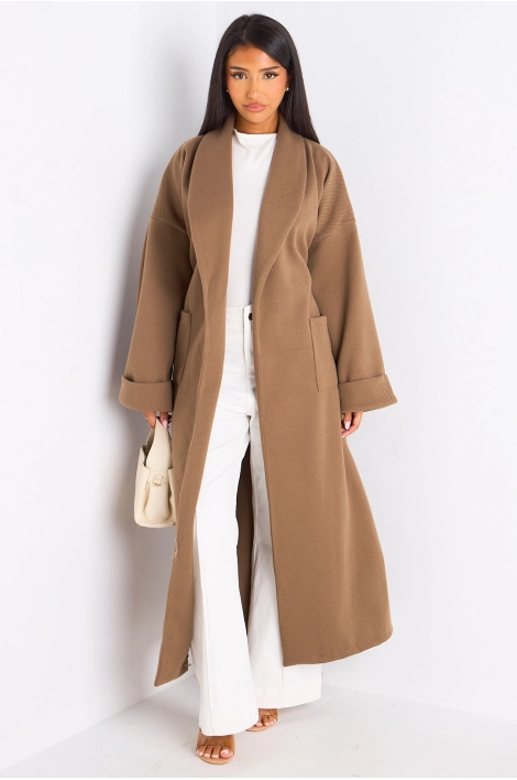 Manteau long ceinturé taupe
