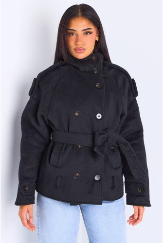Veste mi-longue duveteuse ceinturée  noire