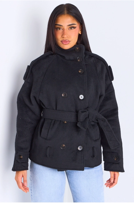 Veste mi-longue duveteuse ceinturée  noire