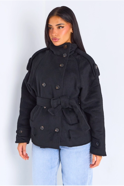 Veste mi-longue duveteuse ceinturée  noire