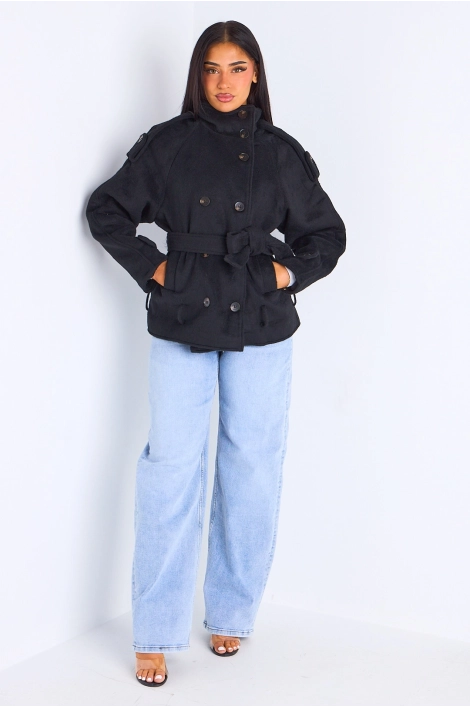 Veste mi-longue duveteuse ceinturée  noire