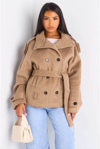 Veste mi-longue duveteuse ceinturée taupe