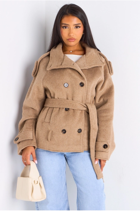Veste mi-longue duveteuse ceinturée taupe