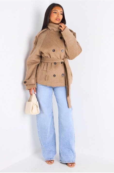 Veste mi-longue duveteuse ceinturée taupe