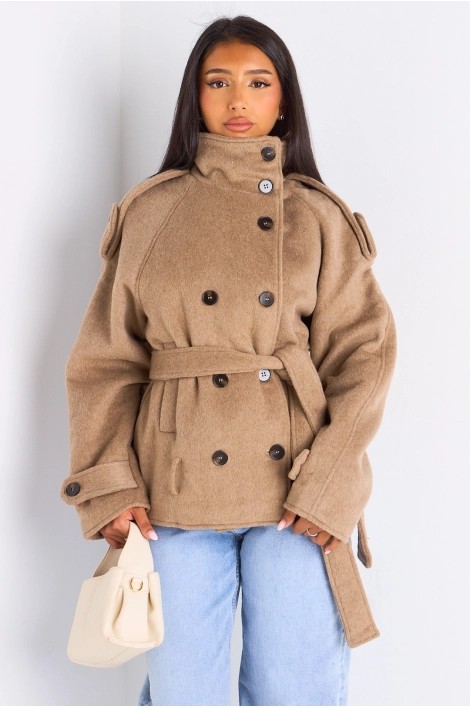 Veste mi-longue duveteuse ceinturée taupe