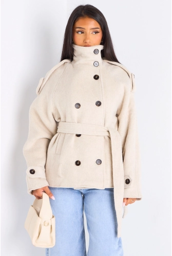 Veste mi-longue duveteuse ceinturée crème