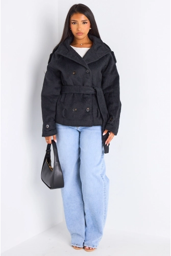 Veste mi-longue duveteuse ceinturée gris foncé