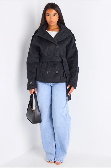 Veste mi-longue duveteuse ceinturée gris foncé