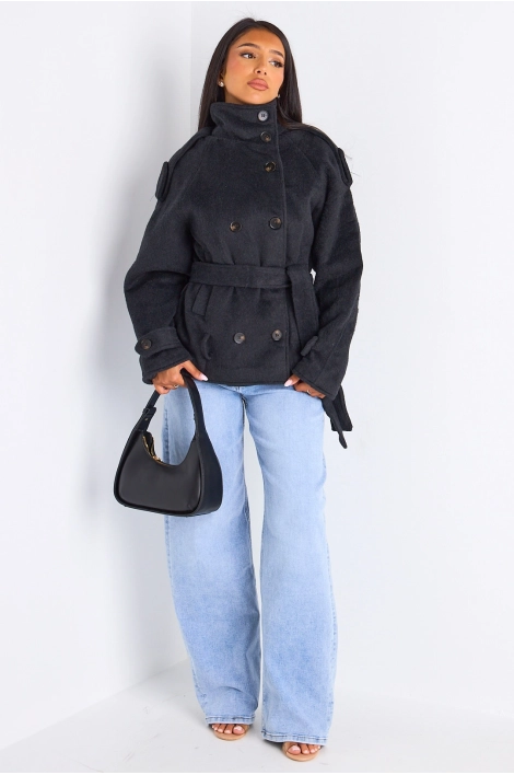 Veste mi-longue duveteuse ceinturée gris foncé