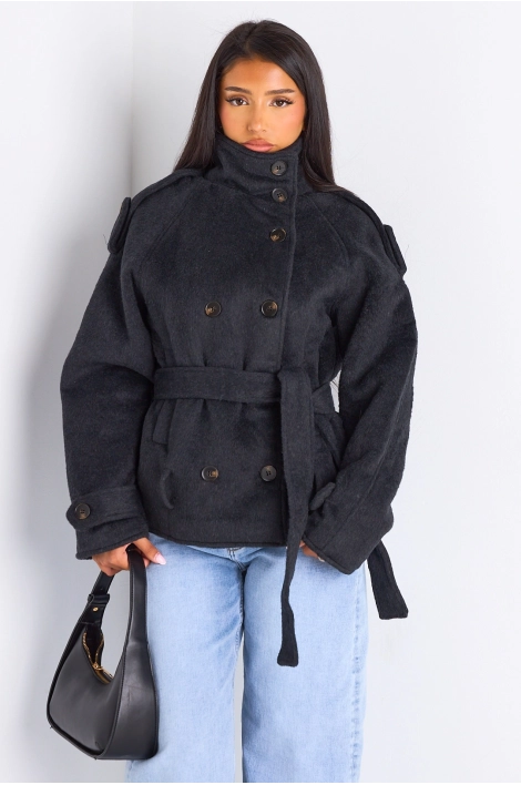 Veste mi-longue duveteuse ceinturée gris foncé