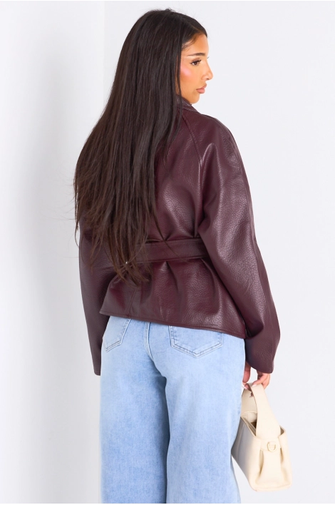 Veste mi-longue en simili cuir prune