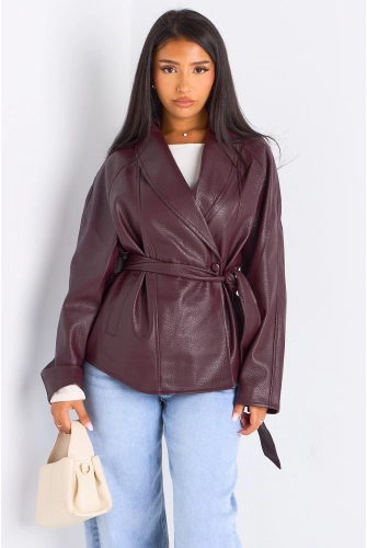 Veste mi-longue en simili cuir prune