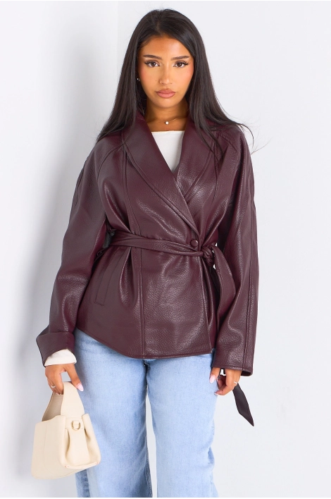 Veste mi-longue en simili cuir prune