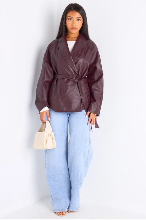 Veste mi-longue en simili cuir prune