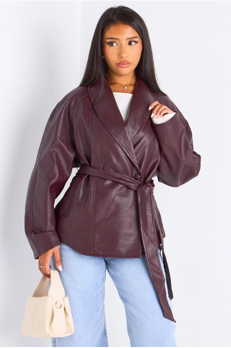 Veste mi-longue en simili cuir prune