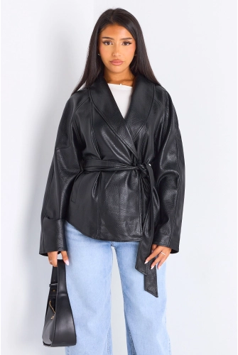 Veste mi-longue en simili cuir de couleur noire