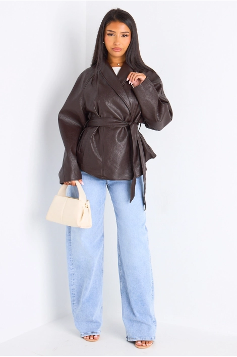 Veste mi-longue en simili cuir marron