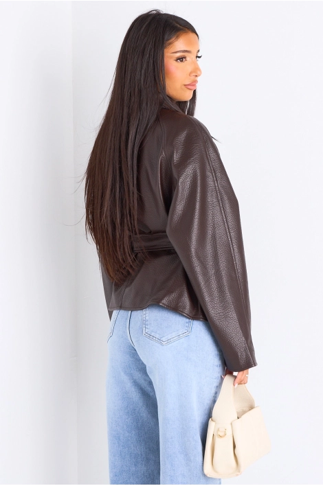Veste mi-longue en simili cuir marron