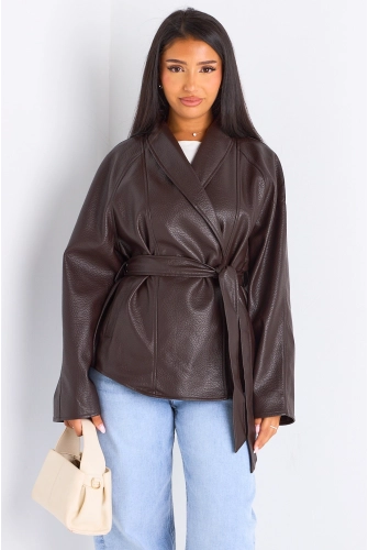 Veste mi-longue en simili cuir marron