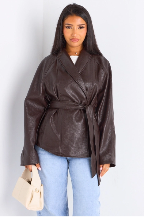 Veste mi-longue en simili cuir marron