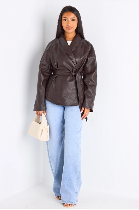 Veste mi-longue en simili cuir marron
