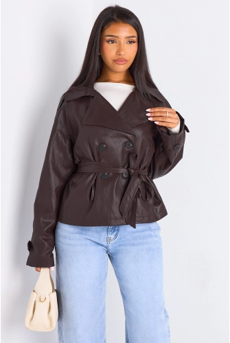 Veste simili cuir cintrée à col rabat de couleur marron