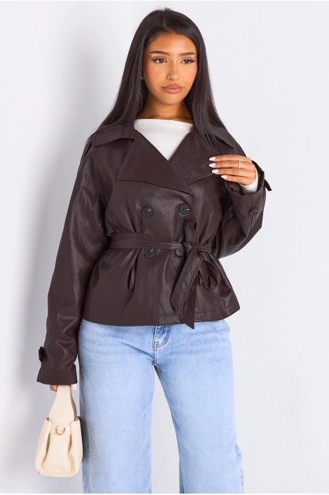 Veste simili cuir cintrée à col rabat de couleur marron