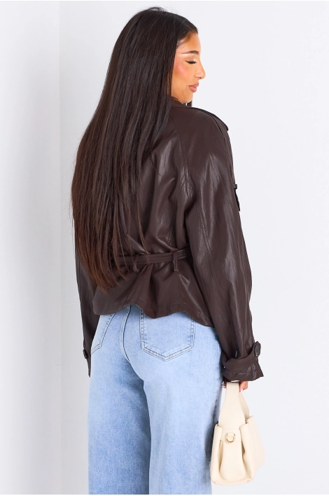 Veste simili cuir cintrée à col rabat de couleur marron