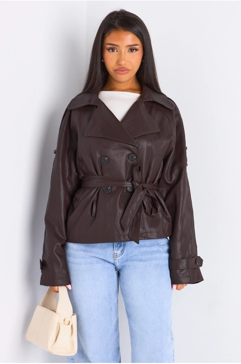 Veste simili cuir cintrée à col rabat de couleur marron