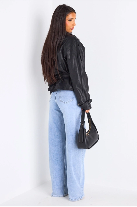 Veste simili cuir cintrée à col rabat de couleur noire