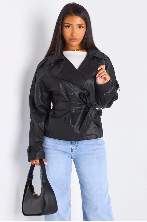 Veste simili cuir cintrée à col rabat de couleur noire