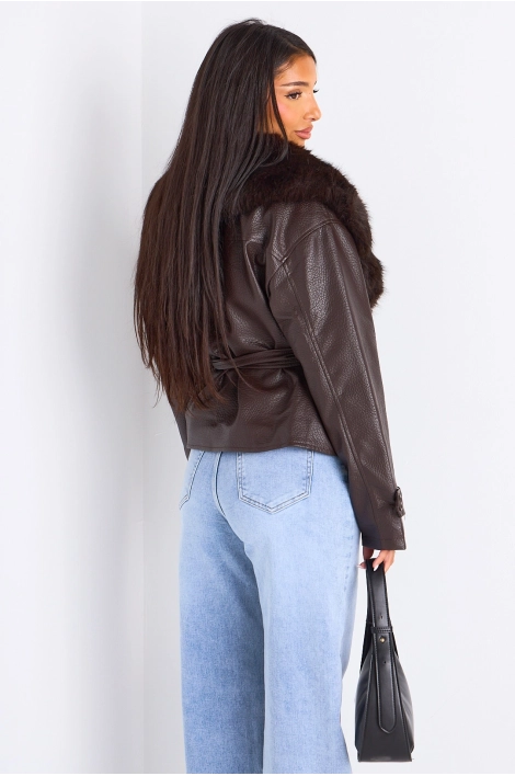 Veste mi-longue en simili cuir à col en fourrure de couleur marron