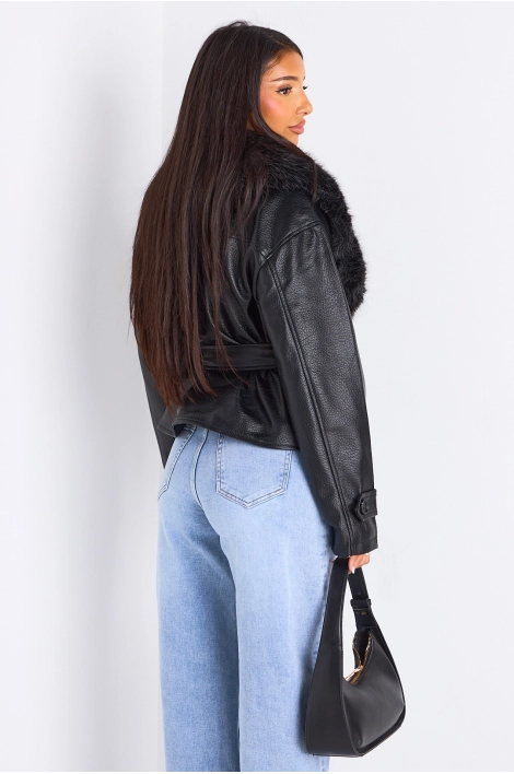 Veste mi-longue en simili cuir à col en fourrure de couleur noire